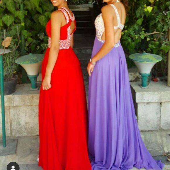 Empire Jewel Sleeveless Acrylic Jewels Long Chiffon Red Dress Sz 2 - Picture 5 of 5